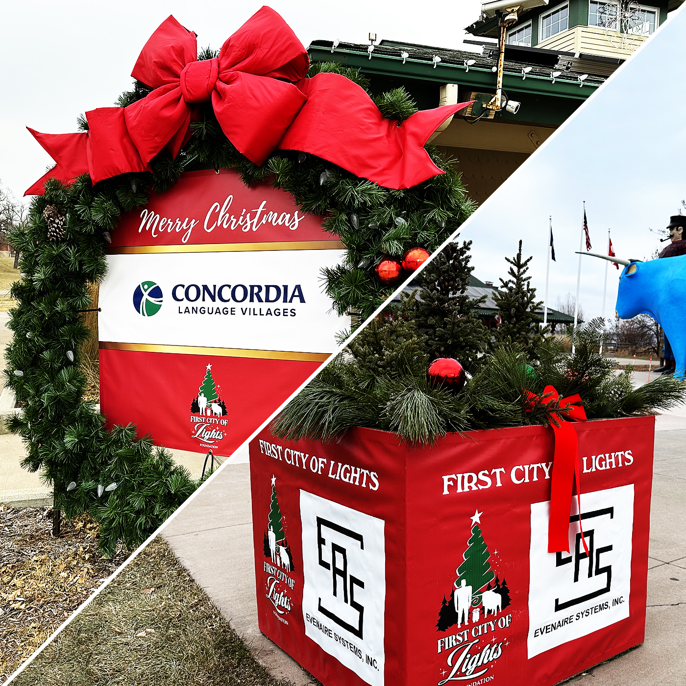 Large wreath and planter box wrap.